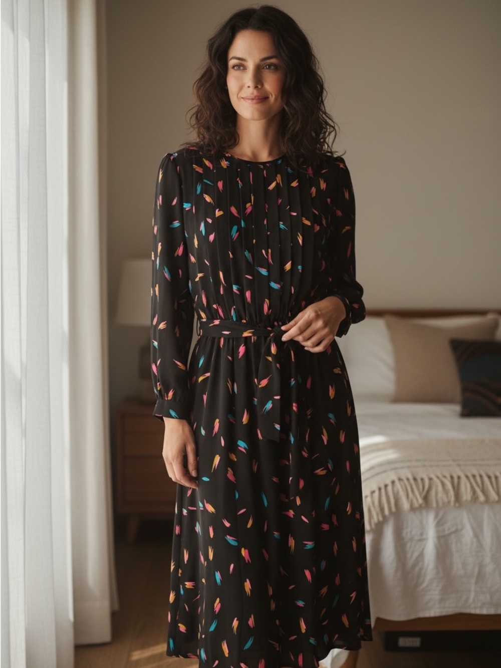 1980’s Henry Lee Black Long-Sleeve Midi Dress with Multicolor Feather Print